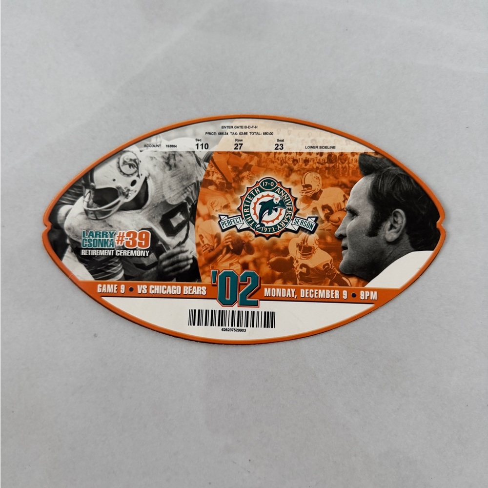 Miami Dolphins vs Chicago Bears Tkt 12.9.02 Larry Csonka Retirement Ceremony #39